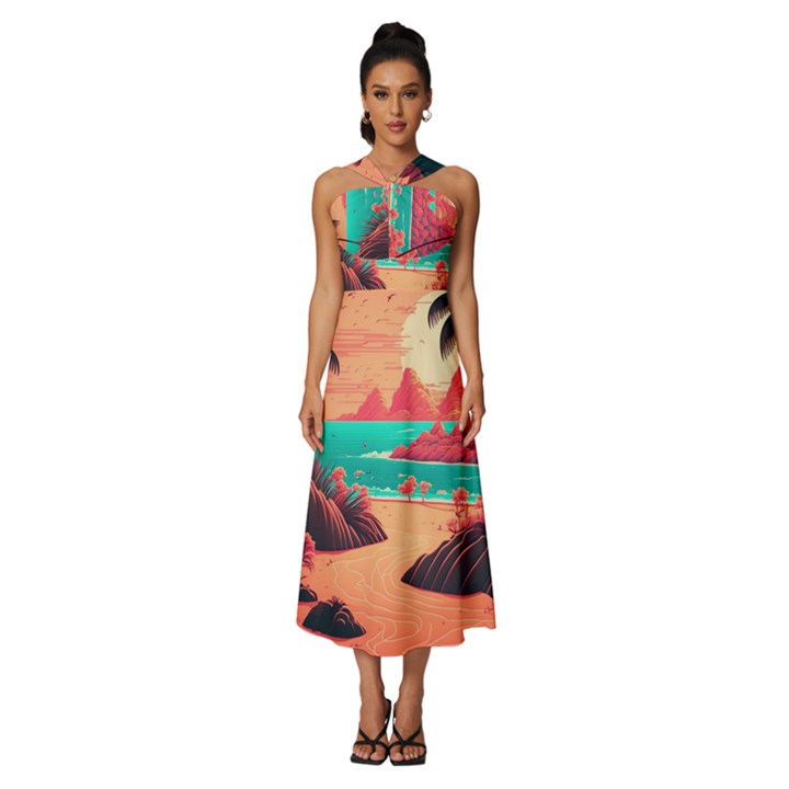 Tropical Beach Sea Jungle Ocean Landscape Sleeveless Cross Front Cocktail Midi Chiffon Dress