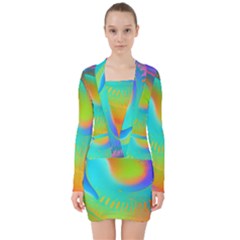 Contemporary Fluid Art Pattern In Bright Colors V-neck Bodycon Long Sleeve Dress by GardenOfOphir