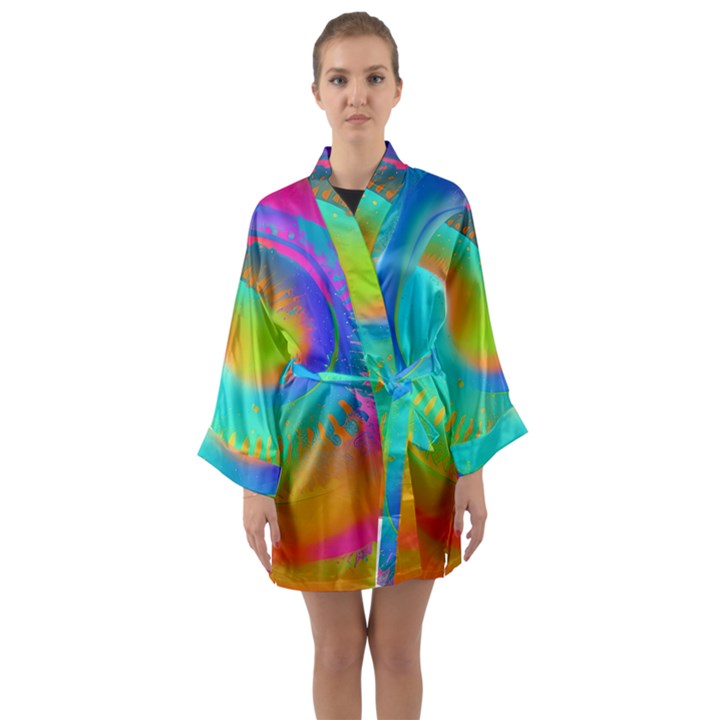 Contemporary Fluid Art Pattern In Bright Colors Long Sleeve Satin Kimono