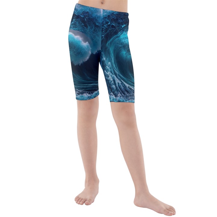 Tsunami Waves Ocean Sea Water Rough Seas 3 Kids  Mid Length Swim Shorts