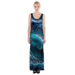 Tsunami Waves Ocean Sea Water Rough Seas 3 Thigh Split Maxi Dress by Pakemis