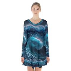 Tsunami Waves Ocean Sea Water Rough Seas 3 Long Sleeve Velvet V-neck Dress