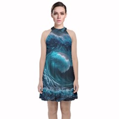 Tsunami Waves Ocean Sea Water Rough Seas 3 Velvet Halter Neckline Dress 