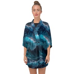 Tsunami Waves Ocean Sea Water Rough Seas 3 Half Sleeve Chiffon Kimono by Pakemis