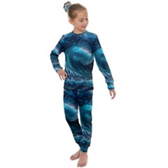 Tsunami Waves Ocean Sea Water Rough Seas 3 Kids  Long Sleeve Set  by Pakemis