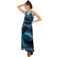 Tsunami Waves Ocean Sea Water Rough Seas 3 V-neck Chiffon Maxi Dress by Pakemis