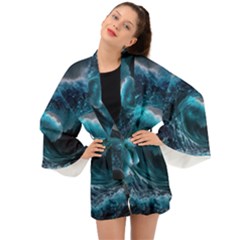 Tsunami Waves Ocean Sea Water Rough Seas 3 Long Sleeve Kimono by Pakemis