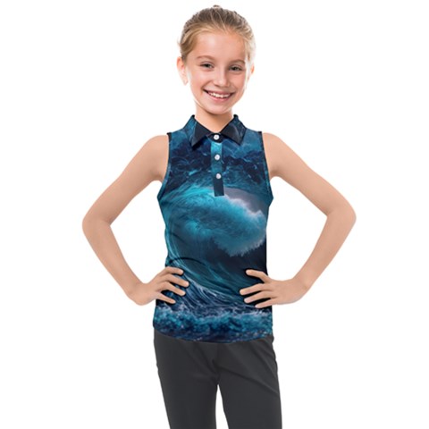 Tsunami Waves Ocean Sea Water Rough Seas 3 Kids  Sleeveless Polo Tee by Pakemis