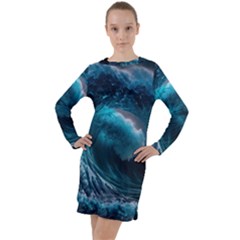 Tsunami Waves Ocean Sea Water Rough Seas 3 Long Sleeve Hoodie Dress