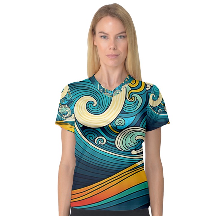 Waves Wave Ocean Sea Abstract Whimsical Abstract Art V-Neck Sport Mesh Tee