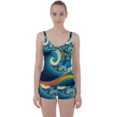 Waves Wave Ocean Sea Abstract Whimsical Abstract Art Tie Front Two Piece Tankini by Pakemis