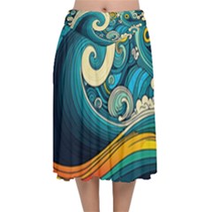 Waves Wave Ocean Sea Abstract Whimsical Abstract Art Velvet Flared Midi Skirt