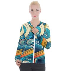 Waves Wave Ocean Sea Abstract Whimsical Abstract Art Casual Zip Up Jacket by Pakemis