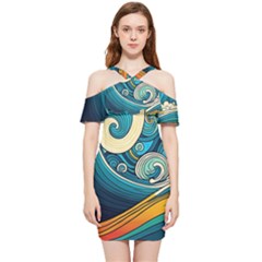 Waves Wave Ocean Sea Abstract Whimsical Abstract Art Shoulder Frill Bodycon Summer Dress by Pakemis