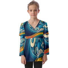 Waves Wave Ocean Sea Abstract Whimsical Abstract Art Kids  V Neck Casual Top by Pakemis