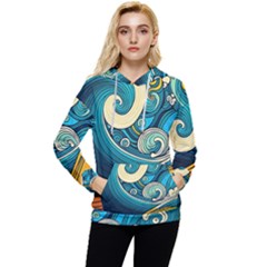 Waves Wave Ocean Sea Abstract Whimsical Abstract Art Women s Lightweight Drawstring Hoodie