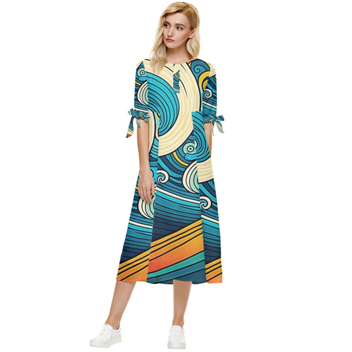 Waves Wave Ocean Sea Abstract Whimsical Abstract Art Bow Sleeve Chiffon Midi Dress