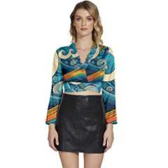 Waves Wave Ocean Sea Abstract Whimsical Abstract Art Long Sleeve Tie Back Satin Wrap Top by Pakemis