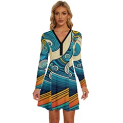 Waves Wave Ocean Sea Abstract Whimsical Abstract Art Long Sleeve Deep V Mini Dress  by Pakemis