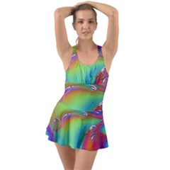 Modern Abstract Liquid Art Pattern Ruffle Top Dress Swimsuit by GardenOfOphir