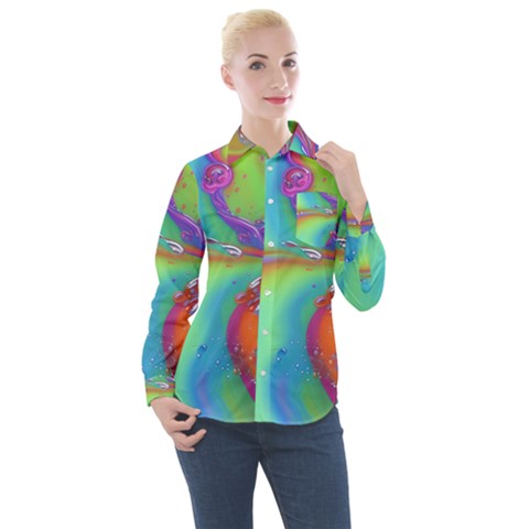 Modern Abstract Liquid Art Pattern Women s Long Sleeve Pocket Shirt by GardenOfOphir