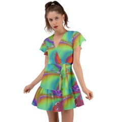 Modern Abstract Liquid Art Pattern Flutter Sleeve Wrap Dress by GardenOfOphir