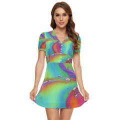 Modern Abstract Liquid Art Pattern V-neck High Waist Chiffon Mini Dress by GardenOfOphir