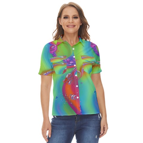 Modern Abstract Liquid Art Pattern Women s Short Sleeve Double Pocket Shirt by GardenOfOphir