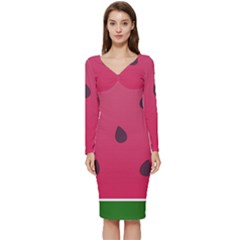 Watermelon Fruit Summer Red Fresh Food Healthy Long Sleeve V-neck Bodycon Dress  by Wegoenart