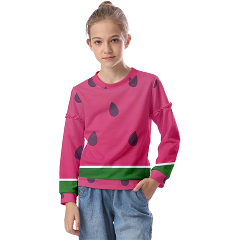 Watermelon Fruit Summer Red Fresh Food Healthy Kids  Long Sleeve Tee With Frill  by Wegoenart