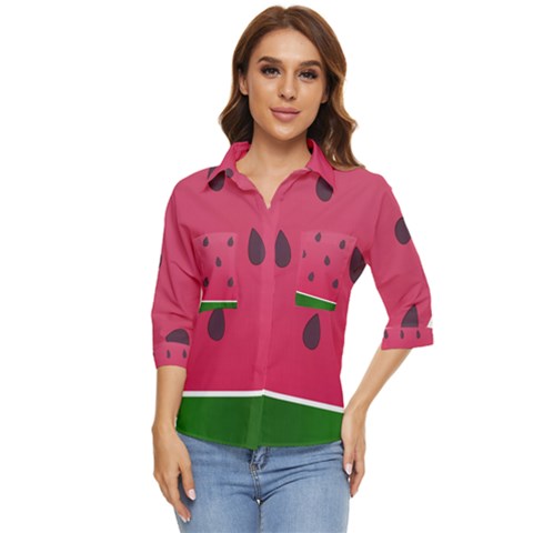 Watermelon Fruit Summer Red Fresh Food Healthy Women s Quarter Sleeve Pocket Shirt by Wegoenart