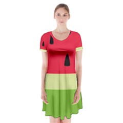 Watermelon Fruit Food Healthy Vitamins Nutrition Short Sleeve V-neck Flare Dress by Wegoenart