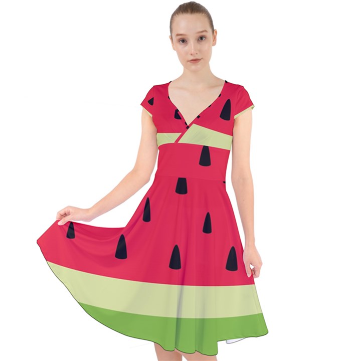 Watermelon Fruit Food Healthy Vitamins Nutrition Cap Sleeve Front Wrap Midi Dress