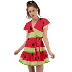 Watermelon Fruit Food Healthy Vitamins Nutrition Flutter Sleeve Wrap Dress by Wegoenart