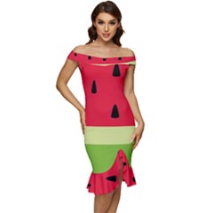 Watermelon Fruit Food Healthy Vitamins Nutrition Off Shoulder Ruffle Split Hem Bodycon Dress by Wegoenart