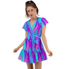 Colorful Abstract Fluid Art Pattern Flutter Sleeve Wrap Dress by GardenOfOphir