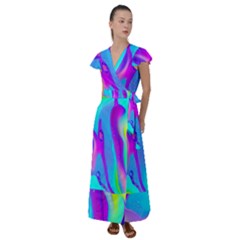 Colorful Abstract Fluid Art Pattern Flutter Sleeve Maxi Dress