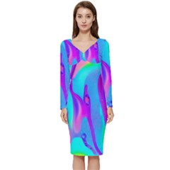 Colorful Abstract Fluid Art Pattern Long Sleeve V-neck Bodycon Dress  by GardenOfOphir