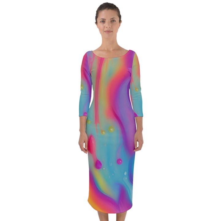 Liquid Art Pattern - Marble Art Quarter Sleeve Midi Bodycon Dress