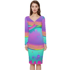 Liquid Art Pattern - Fluid Background Long Sleeve V-neck Bodycon Dress  by GardenOfOphir