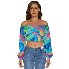 Liquid Art Pattern - Fluid Art Long Sleeve Crinkled Weave Crop Top by GardenOfOphir