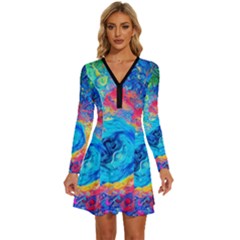 Liquid Art Pattern - Fluid Art Long Sleeve Deep V Mini Dress  by GardenOfOphir