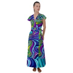 Waves Of Color Flutter Sleeve Maxi Dress by GardenOfOphir