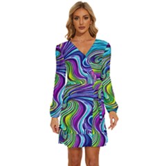 Waves Of Color Long Sleeve Waist Tie Ruffle Velvet Dress