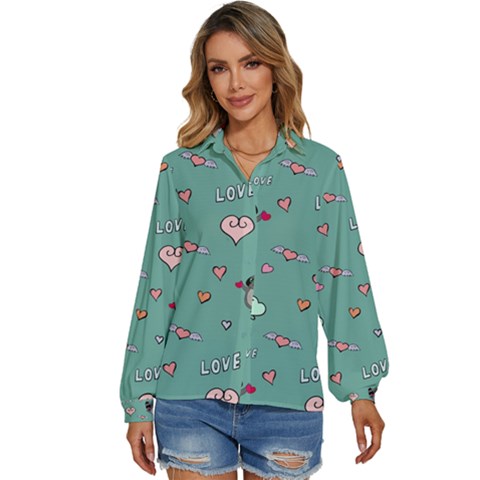 Raccoon Texture Seamless Scrapbooking Hearts Women s Long Sleeve Button Down Shirt by Wegoenart