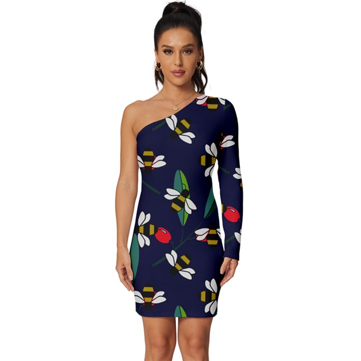 Art Floral Design Pattern Floral Pattern Long Sleeve One Shoulder Mini Dress