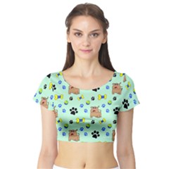 Dog Pattern Seamless Blue Background Scrapbooking Short Sleeve Crop Top by Wegoenart