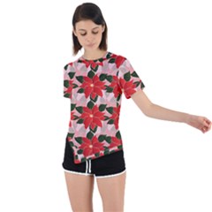 Poinsettia Pattern Seamless Pattern Christmas Xmas Asymmetrical Short Sleeve Sports Tee