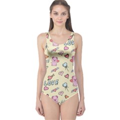 Pig Animal Love Romance Seamless Texture Pattern One Piece Swimsuit by Wegoenart