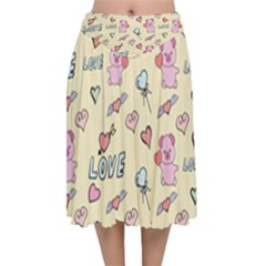 Pig Animal Love Romance Seamless Texture Pattern Velvet Flared Midi Skirt by Wegoenart